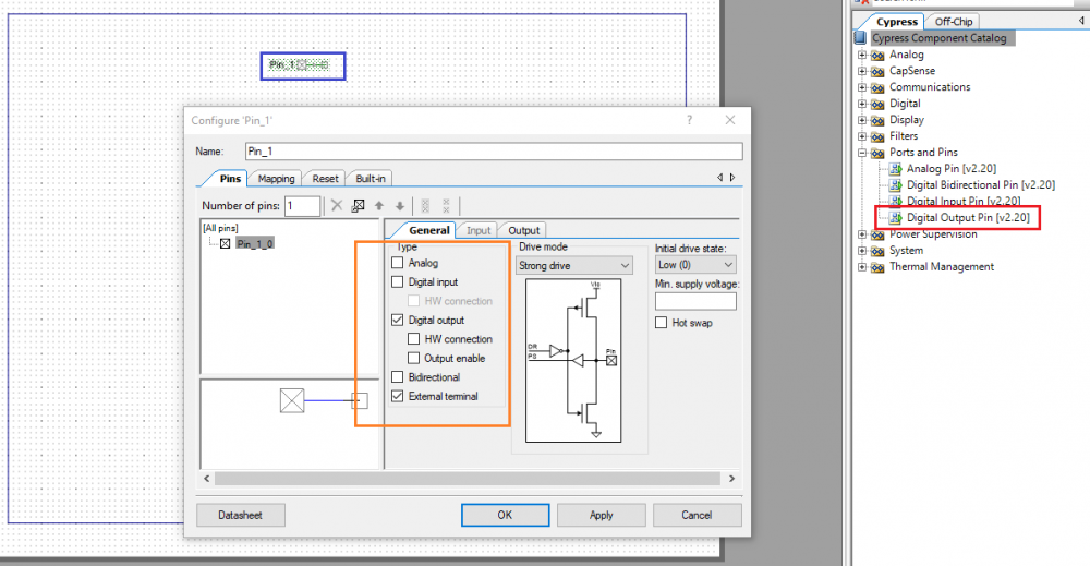 Output pin configuration dialog